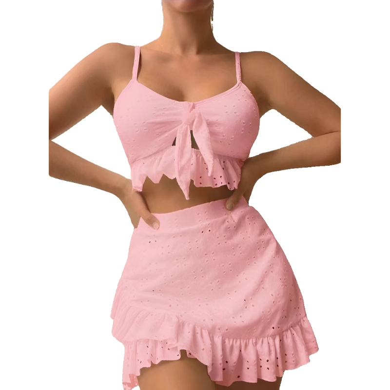 3Pcs Beach Bikini With Hip-Hugging Skirt Fashion Ruffle Design Swimsuit Set Summer Womens Clothing