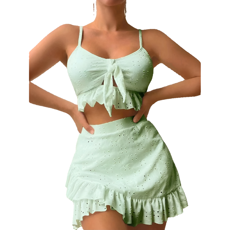 3Pcs Beach Bikini With Hip-Hugging Skirt Fashion Ruffle Design Swimsuit Set Summer Womens Clothing