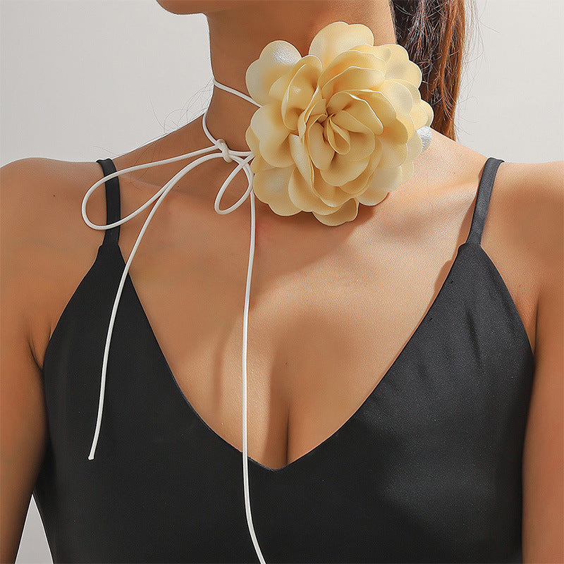 Veile Studios Retro Black Satin Peony Flower Neck Strap Necklace For Evening Fashion Wear