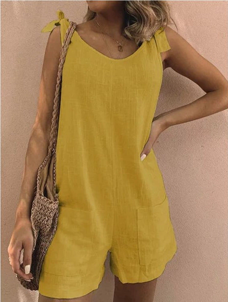 Women's Solid Color Cotton And Linen Patch Pocket Loose Jumpsuit