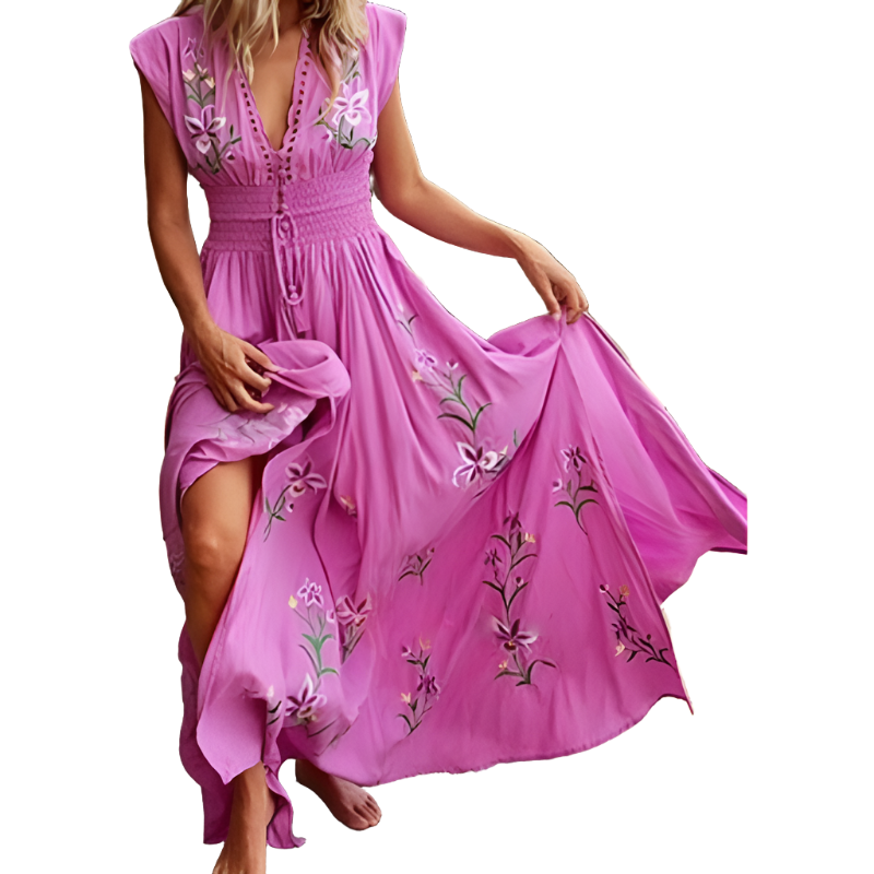 New V-Neck Fringed Bohemian Print Long Skirt Summer Sleeveless Loose Casual Beach Dress