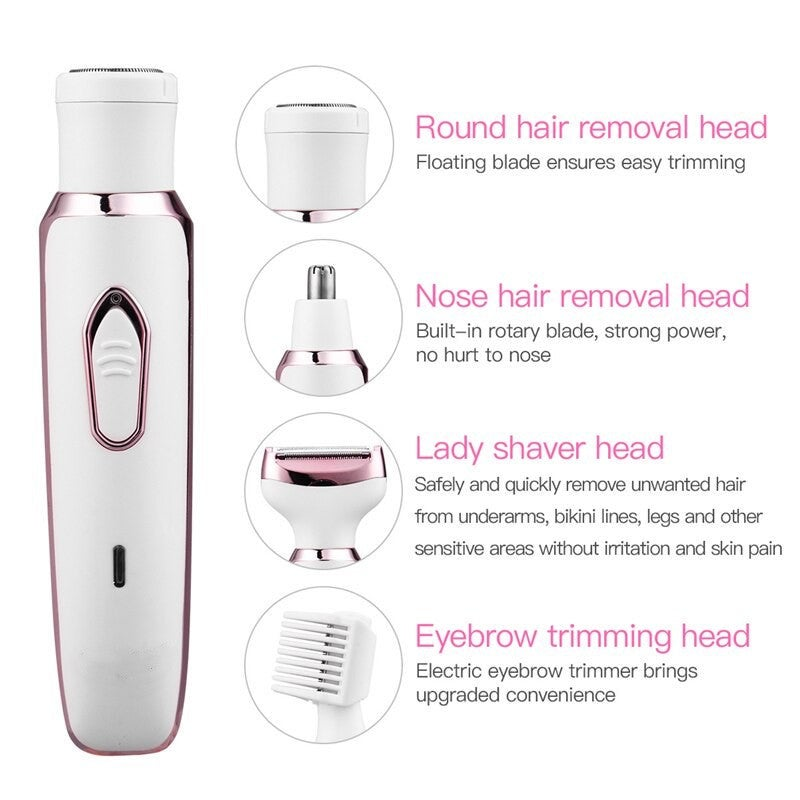 4In1 Electric Women Epilator Bikini Body Armpit Usb Rechargeable Hair Removal