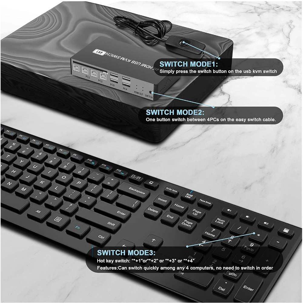 4 Port Hdmi Kvm Switch Support Max 4K30hz Input With Usb2.0 Hub 1 Out