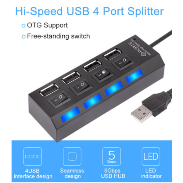 4 Port Led Usb Hub Four Ports 2.0 Concentrator With Light And Separate Switch For Mobie Cellphone High Quality