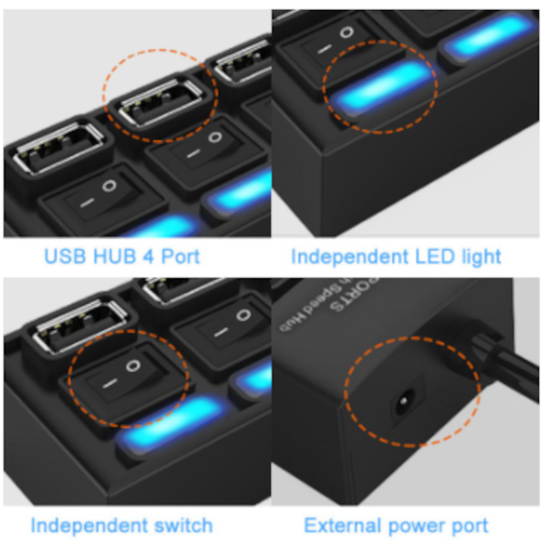 4 Port Led Usb Hub Four Ports 2.0 Concentrator With Light And Separate Switch For Mobie Cellphone High Quality