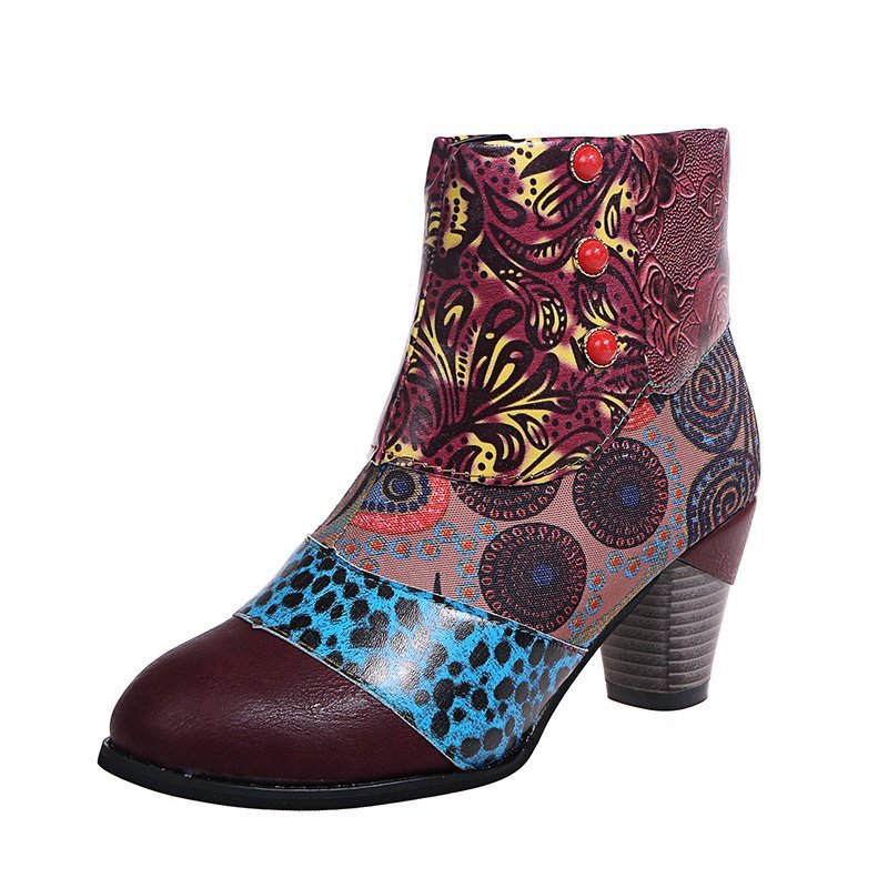 Bohemian Women's Boho Boots Retro Block High Heels Zipper