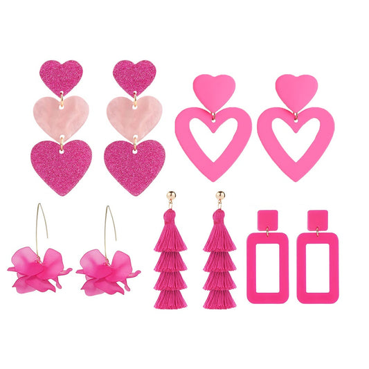 Veile Studios 5Pairs Of Barbie Inspired Earrings Dangling Drop Statement Accessories Women Pink