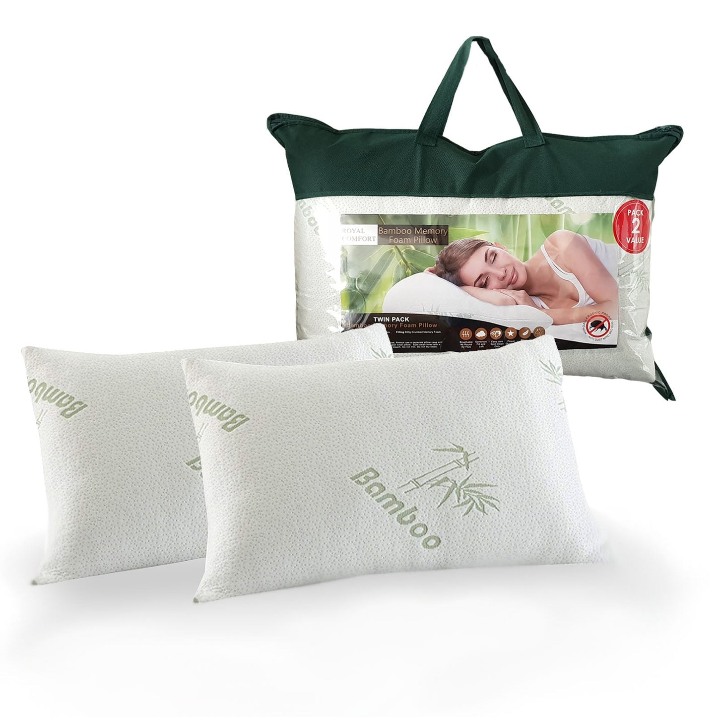 Royal Comfort Bamboo-Covered Memory Foam Pillow 2-Pack