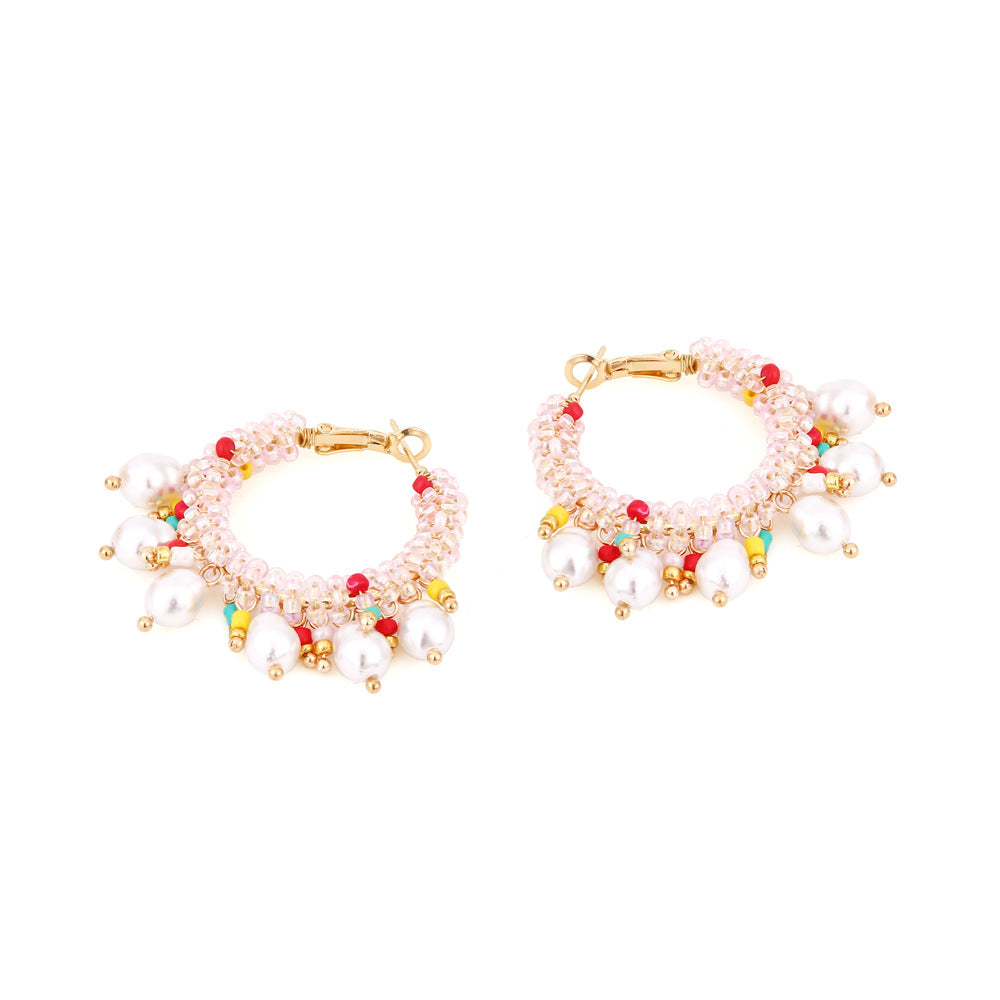 Bohemian Crystal Pearl Beaded Earrings Women Fashion Hoop Jewelry