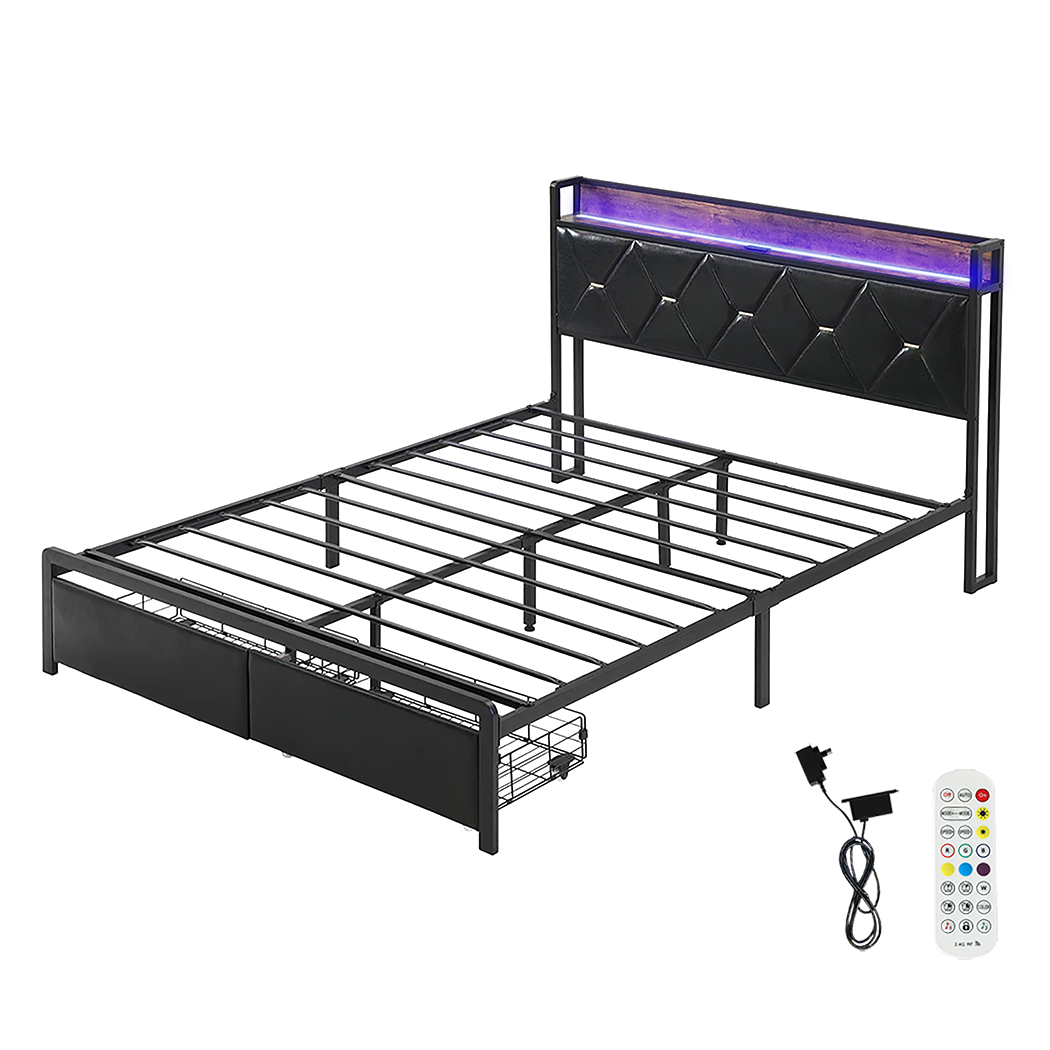 Queen Metal Bed Frame With Led Lights And 2 Drawers Black
