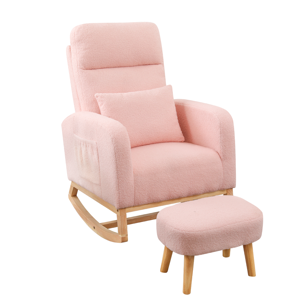 Rocking Chair With Ottoman Footrest Side Pocket Pink