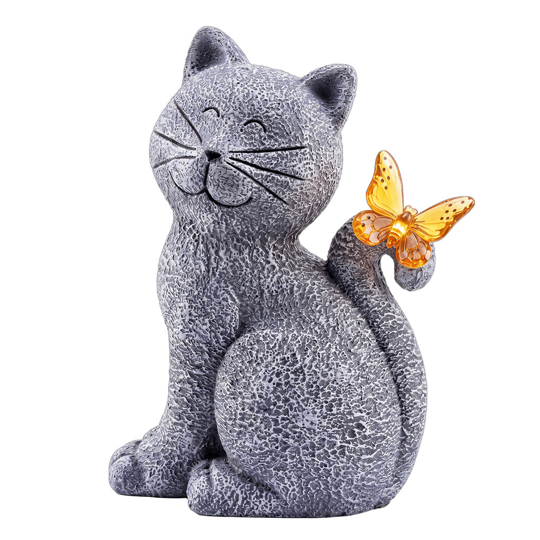 Emitto Solar Cat Butterfly Garden Statue With Led Light Resin Outdoor Decor