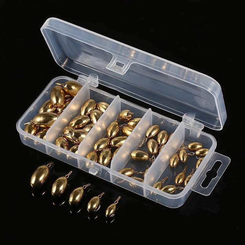 50Pcs Assorted Copper Sinker Bulk Set Box Elliptic Swivel Kit Casting Drop Fishing Tackle Accessories