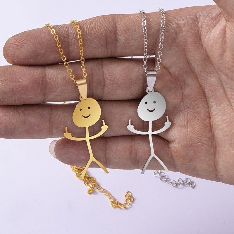 Veile Studios Funny Doodle Necklace Hip Hop Smiley Stick Figure Pendant Hand Gesture Middle Finger Necklaces