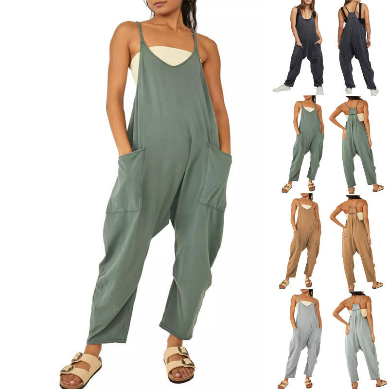 Summer Womens Loose Sleeveless Jumpsuits Spaghetti Strap Long Pant Romper With