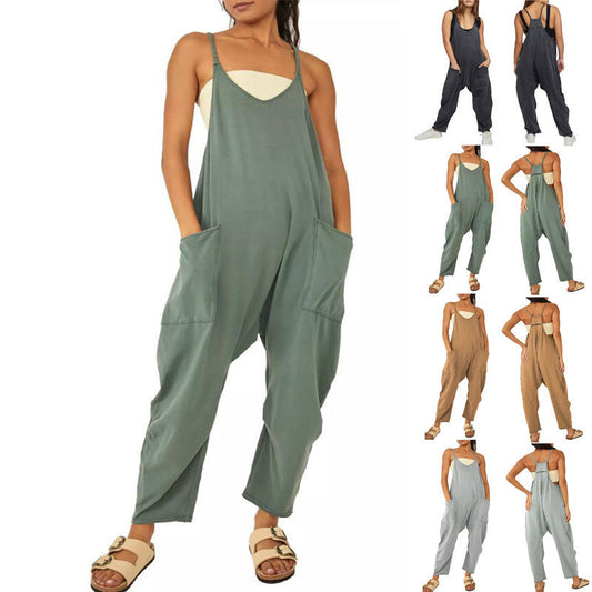Summer Womens Loose Sleeveless Jumpsuits Spaghetti Strap Long Pant Romper With