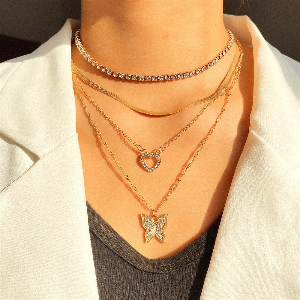 Veile Studios Butterfly Studded Diamond Tassel Multi-Layer Pendant Necklace For Women Fashion Jewellery