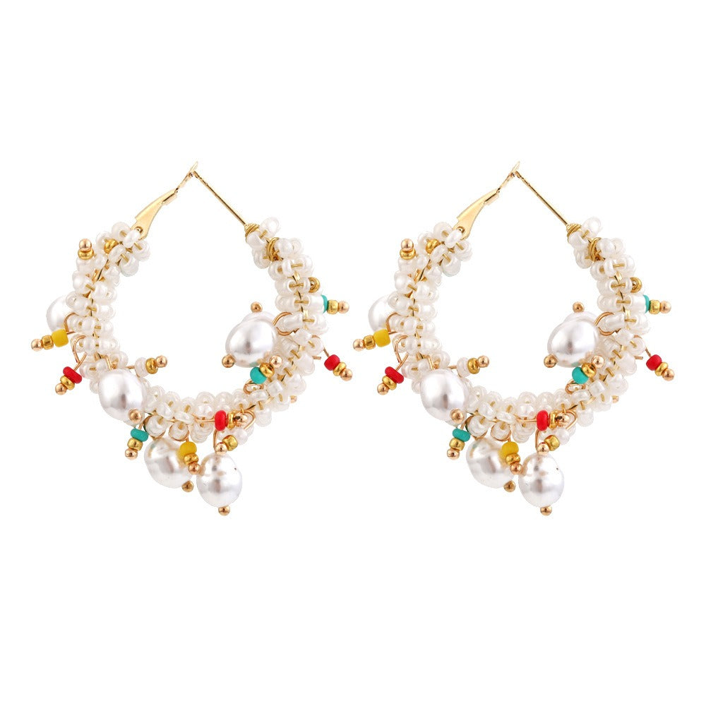 Bohemian Crystal Pearl Beaded Earrings Women Fashion Hoop Jewelry
