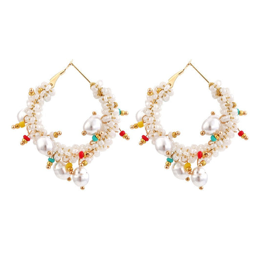 Bohemian Crystal Pearl Beaded Earrings Women Fashion Hoop Jewelry