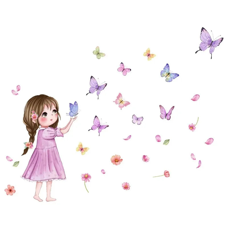 Cute Cartoon Butterfly Girl Wall Sticker Baby Room Kid Bedroom Kindergarten Background Decor Stickers Birthday Party Pho
