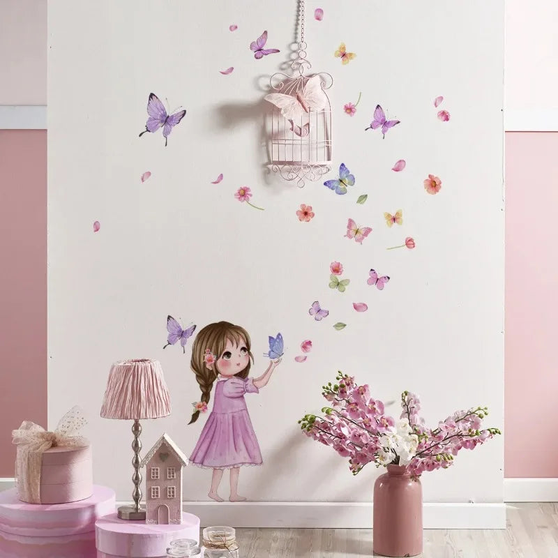 Cute Cartoon Butterfly Girl Wall Sticker Baby Room Kid Bedroom Kindergarten Background Decor Stickers Birthday Party Pho