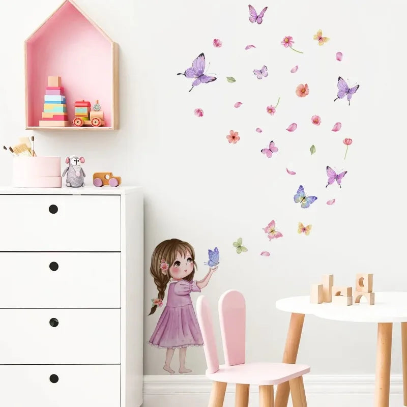 Cute Cartoon Butterfly Girl Wall Sticker Baby Room Kid Bedroom Kindergarten Background Decor Stickers Birthday Party Pho