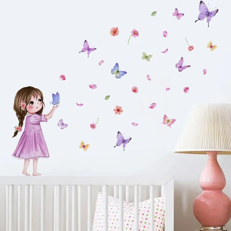 Cute Cartoon Butterfly Girl Wall Sticker Baby Room Kid Bedroom Kindergarten Background Decor Stickers Birthday Party Pho