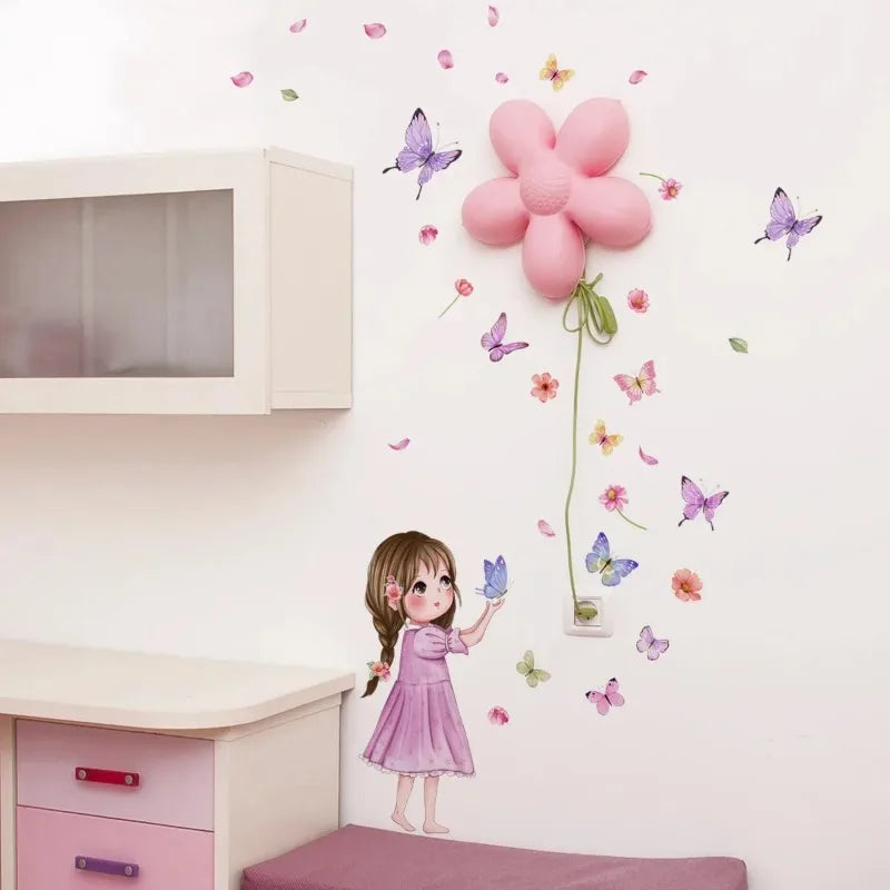 Cute Cartoon Butterfly Girl Wall Sticker Baby Room Kid Bedroom Kindergarten Background Decor Stickers Birthday Party Pho