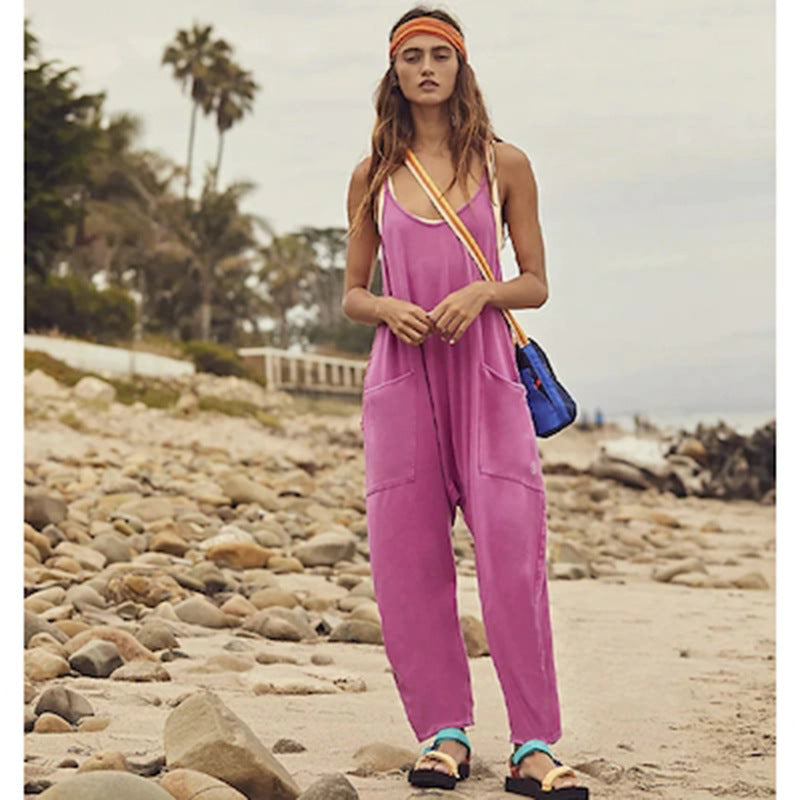 Summer Womens Loose Sleeveless Jumpsuits Spaghetti Strap Long Pant Romper With