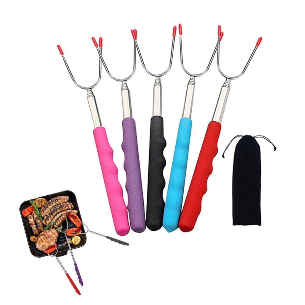 5Pcs Telescopic Stainless Steel Barbecue Forks Retractable Bbq Roasting Sticks Outdoor Camping