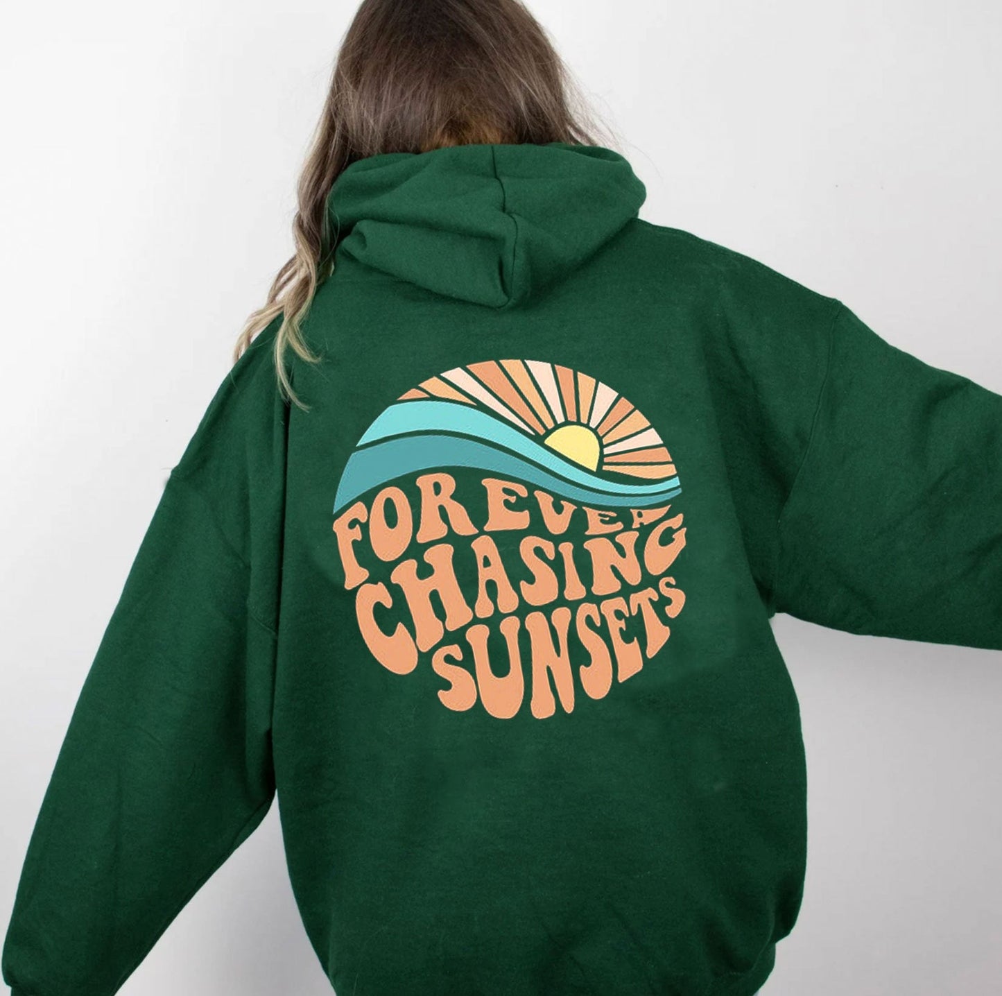 Women Fleece Lined Sunset Print Kangaroo Pocket Drawstring Hoodie