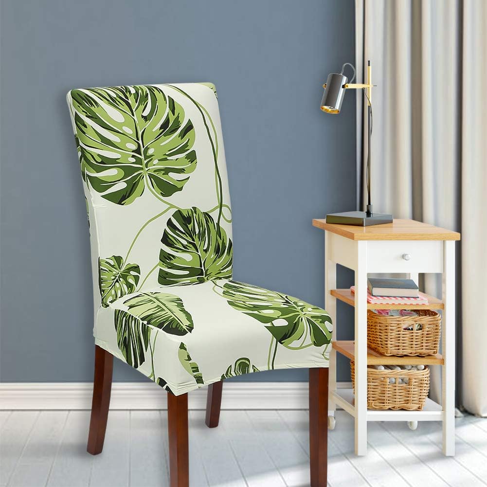 Chair Cover Green Leaves Design Anti Dirt Elastic Material For Dining Room Kitchen