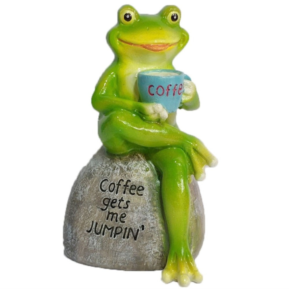 Animal Design Statuary Green Sitting Frog Drinking Coffee Stone Garden Statue