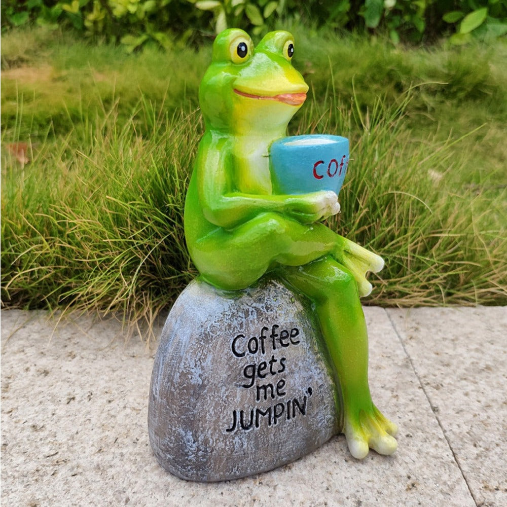 Animal Design Statuary Green Sitting Frog Drinking Coffee Stone Garden Statue