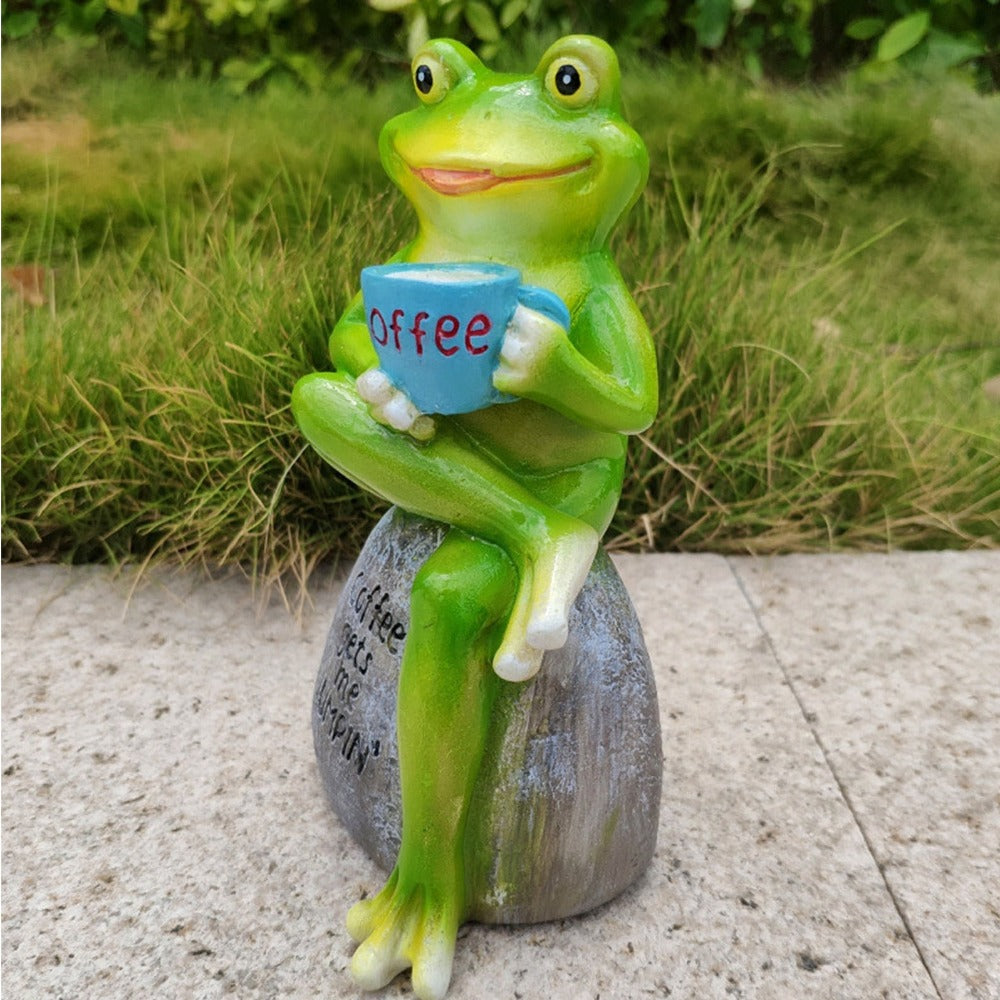 Animal Design Statuary Green Sitting Frog Drinking Coffee Stone Garden Statue