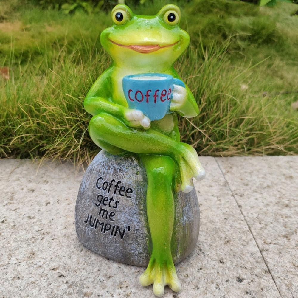 Animal Design Statuary Green Sitting Frog Drinking Coffee Stone Garden Statue