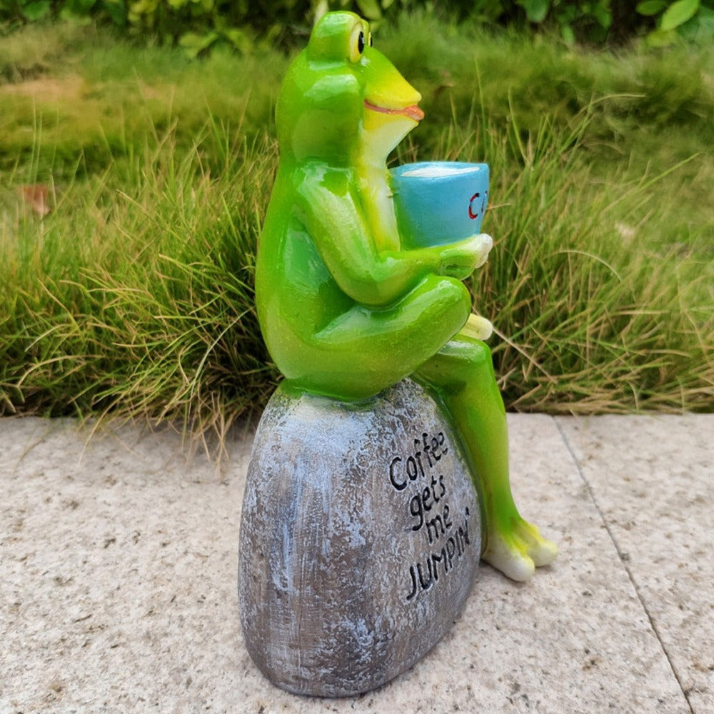 Animal Design Statuary Green Sitting Frog Drinking Coffee Stone Garden Statue