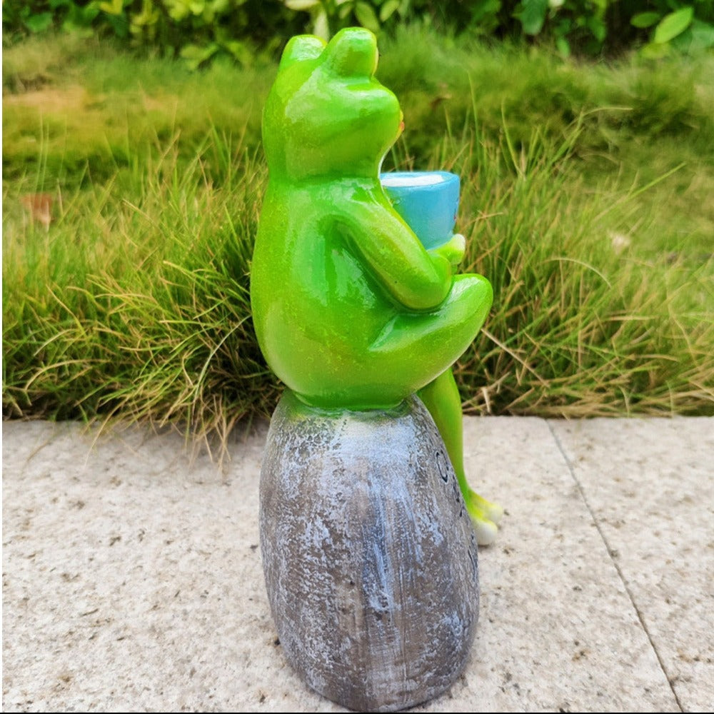 Animal Design Statuary Green Sitting Frog Drinking Coffee Stone Garden Statue