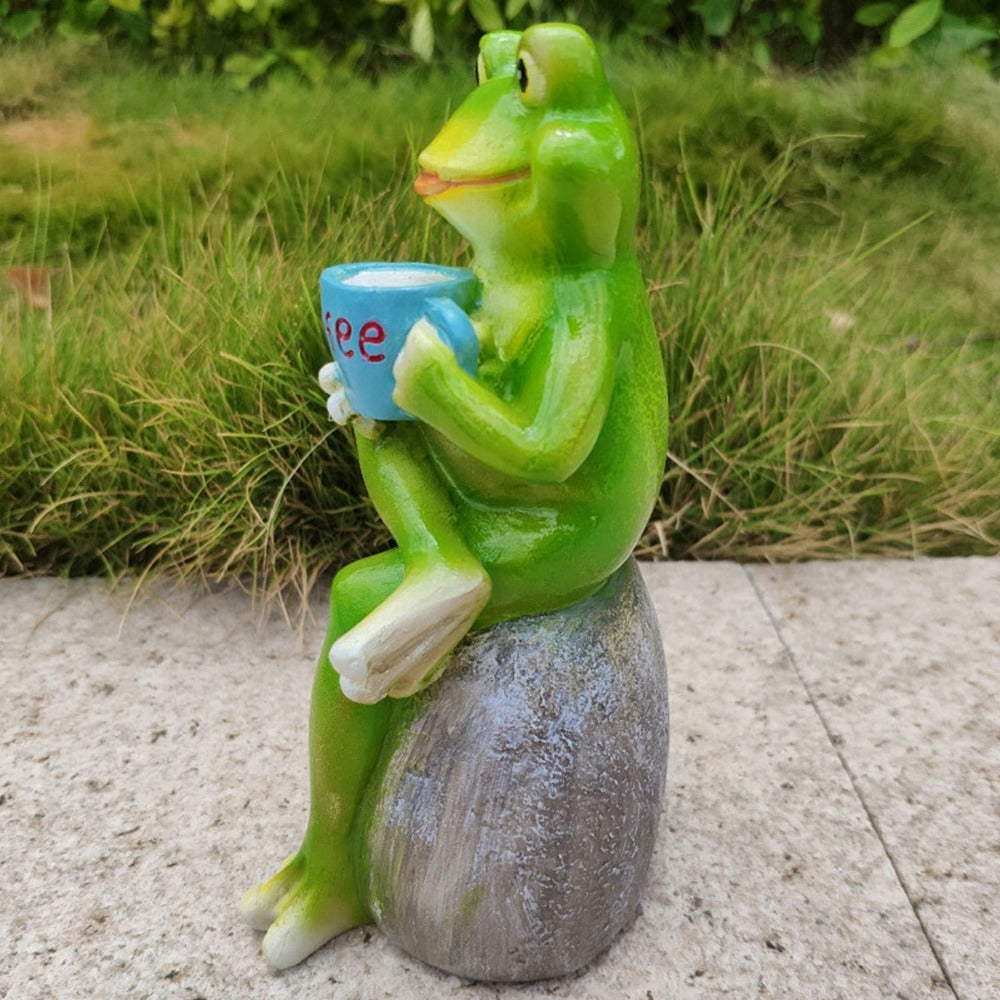 Animal Design Statuary Green Sitting Frog Drinking Coffee Stone Garden Statue