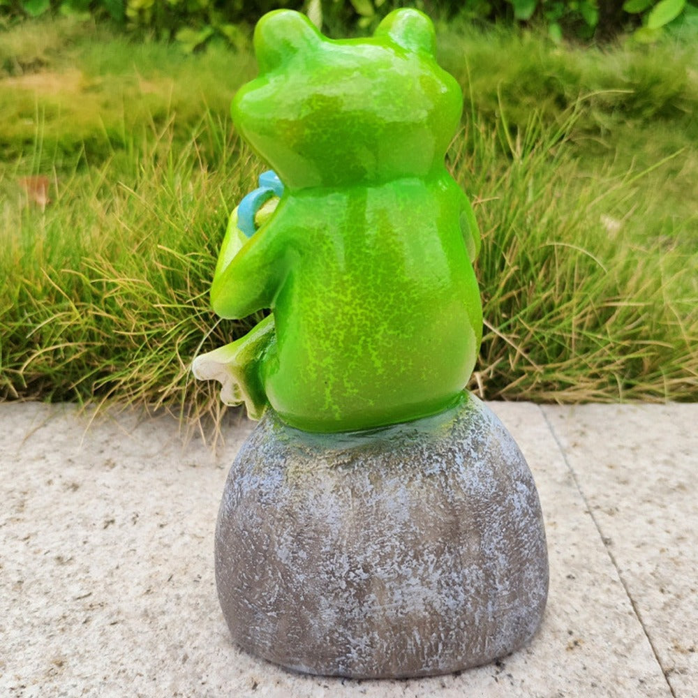 Animal Design Statuary Green Sitting Frog Drinking Coffee Stone Garden Statue