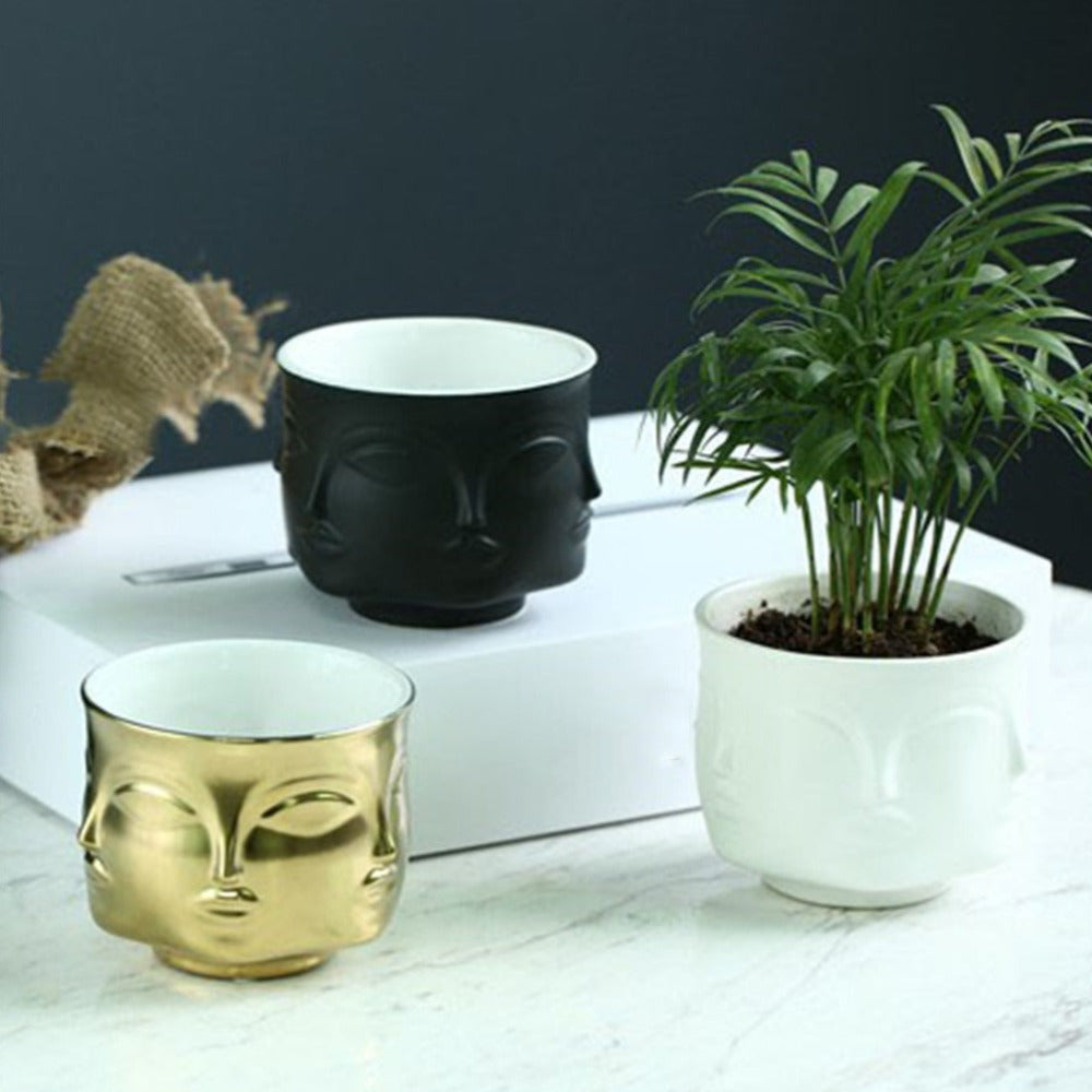 Artistic Human Face Pattern Home Decoration Plants Flower Pot Container Planter-Golden