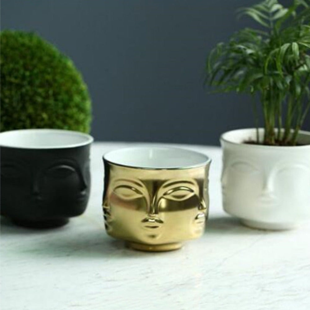 Artistic Human Face Pattern Home Decoration Plants Flower Pot Container Planter-Golden