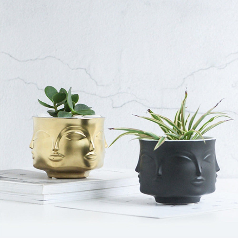 Artistic Human Face Pattern Home Decoration Plants Flower Pot Container Planter-Golden