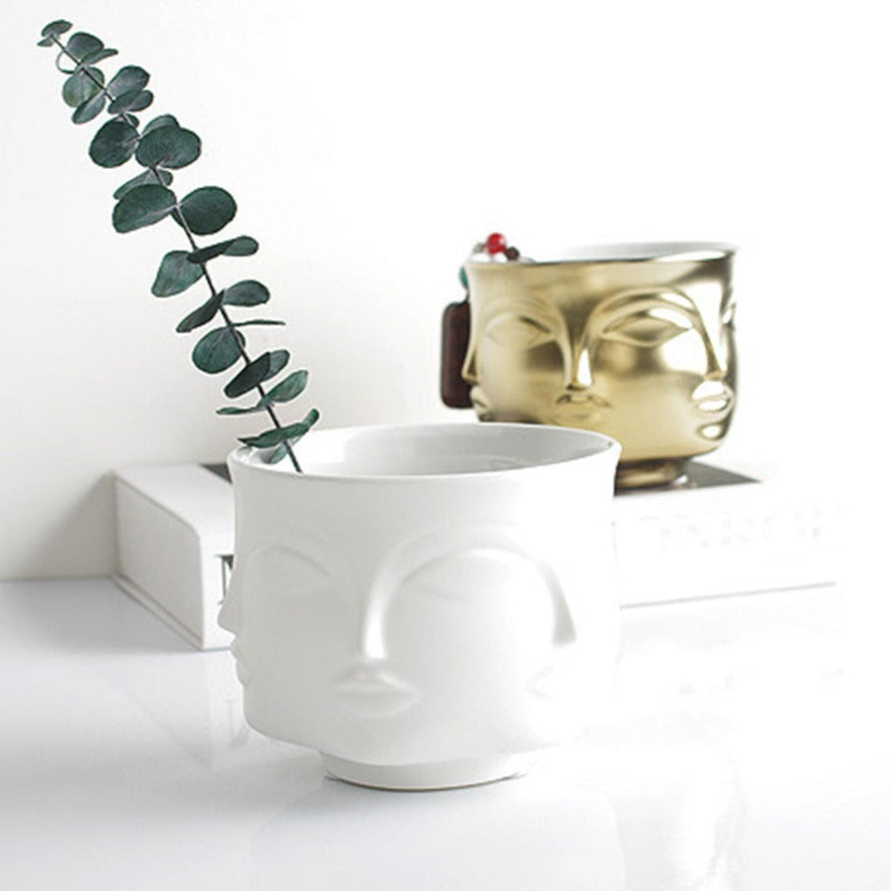 Artistic Human Face Pattern Home Decoration Plants Flower Pot Container Planter-Golden