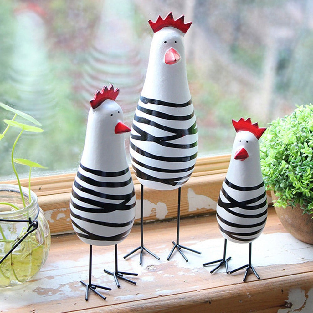 3Pcs/Set Painted Chicken Ornament Handmade Collectable Wood Carved Figurines