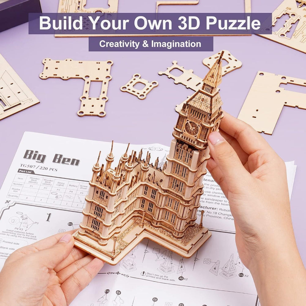 Robotime Rokr 3D Wooden Puzzle Diy Big Ben Toys With Led Light For Teens Xmas Gifts Tg507