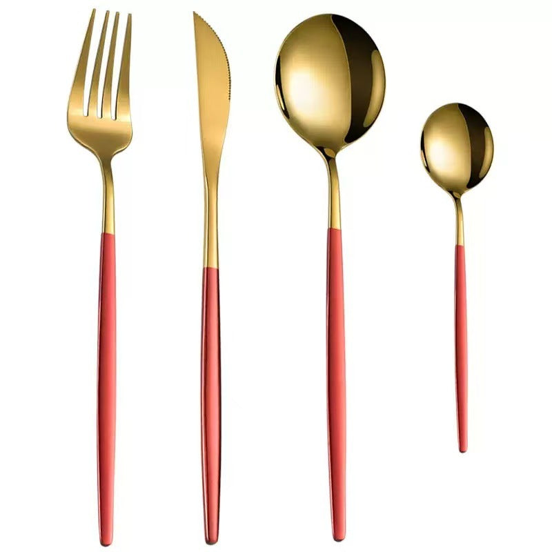 Stainless Steel Cutlery Set With Portuguese Gold Spray Painted Steak Knife Fork Spoon And Tea 4-Piece Gift Pack