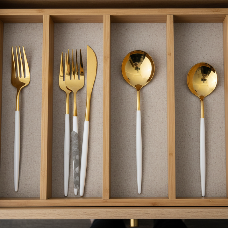 Stainless Steel Cutlery Set With Portuguese Gold Spray Painted Steak Knife Fork Spoon And Tea 4-Piece Gift Pack