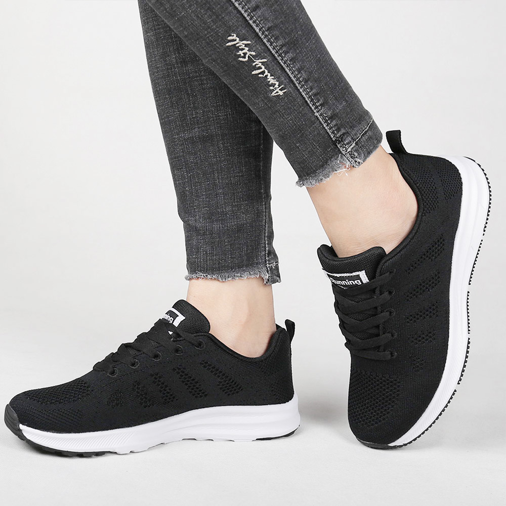 Black White Sneakers Women Lace Up Running Walking Shoes