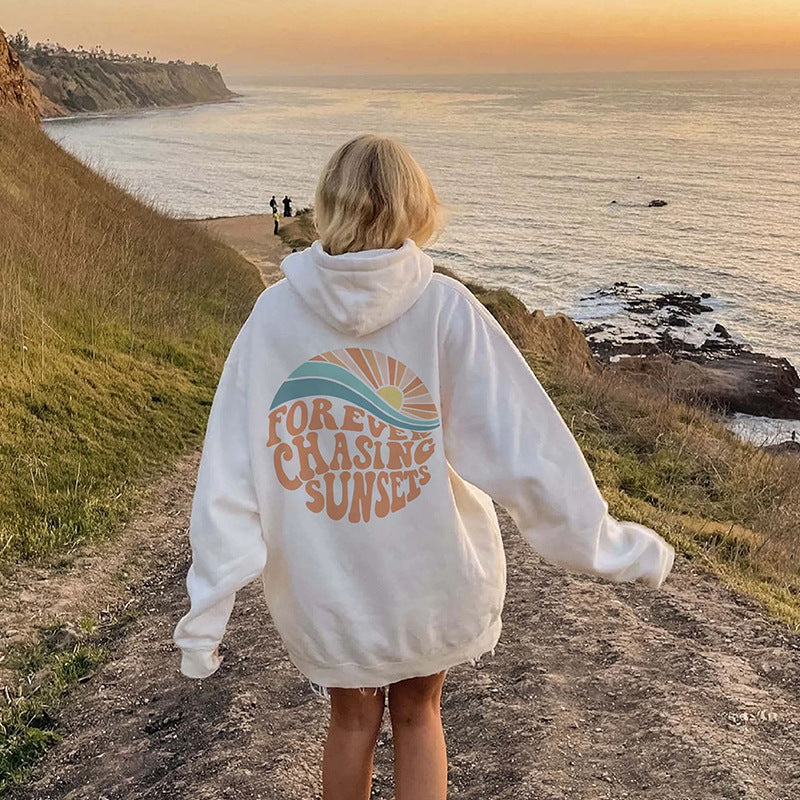 Women Fleece Lined Sunset Print Kangaroo Pocket Drawstring Hoodie